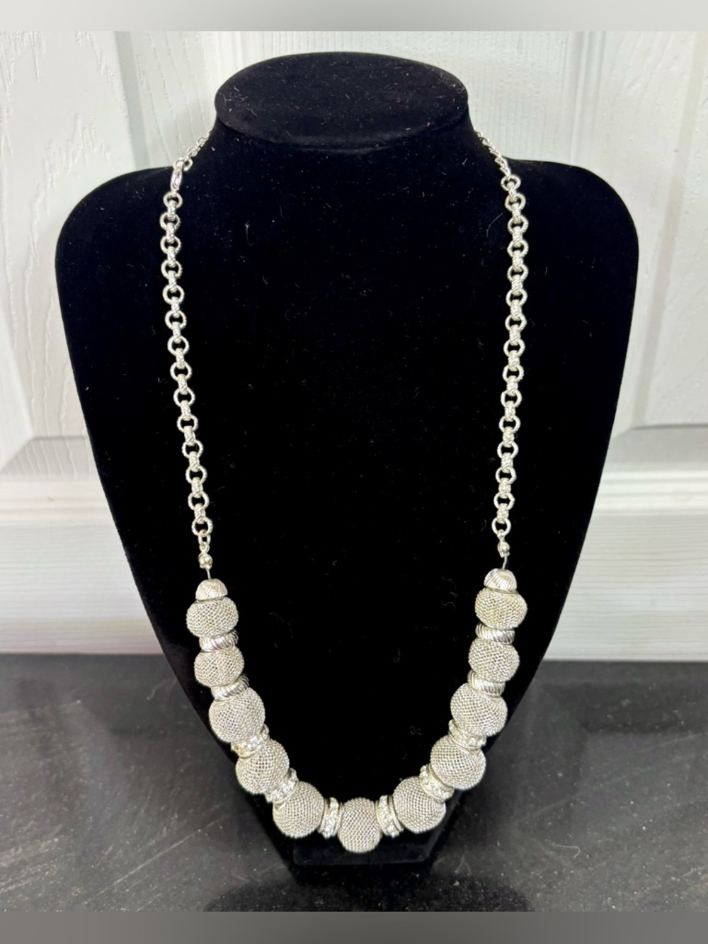 Vintage Crown Trifari Silver Tone Beaded Necklace Signed with Rhinestones